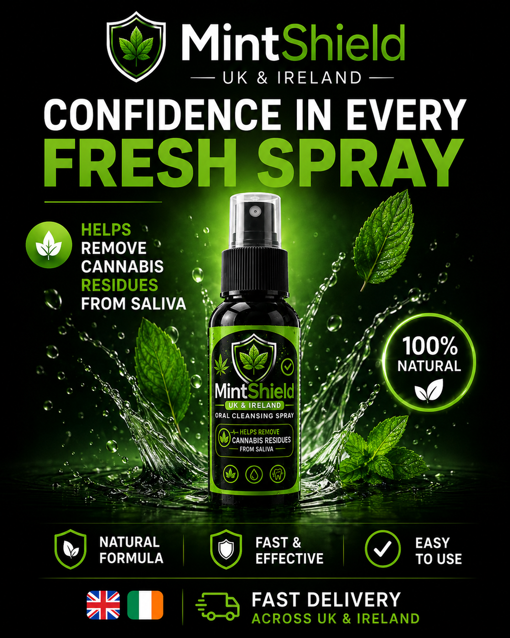 MintShield UK & Ireland natural cannabis residue cleaner spray bottle centered on a dark promotional background with mint leaves, water splashes, and large marketing text.