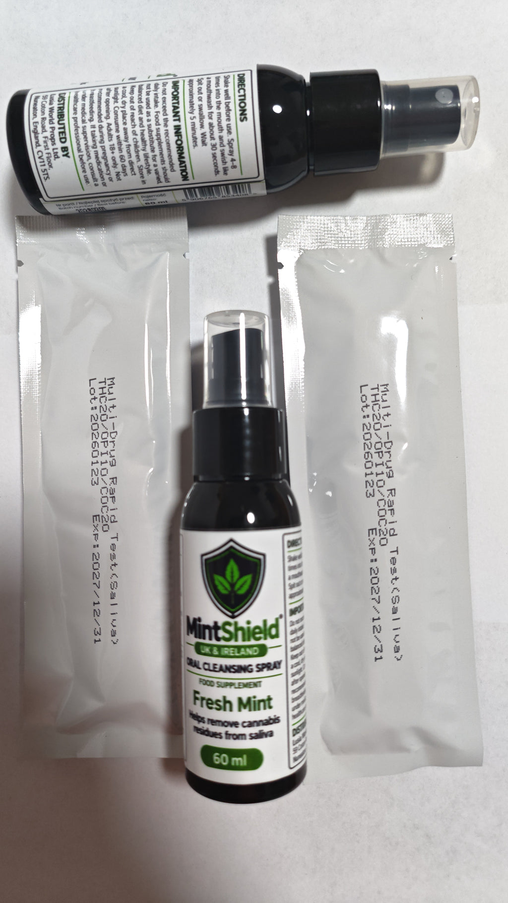 Two MintShield Fresh Mint 60ml oral cleansing spray bottles